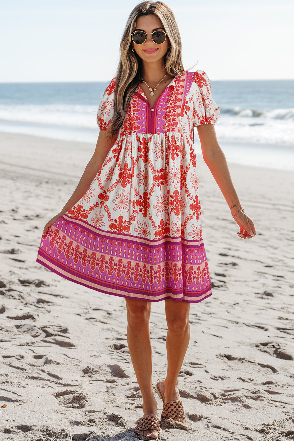 Rose Boho Floral Short Sleeve Lace-up V Neck Mini Dress Dresses JT's Designer Fashion