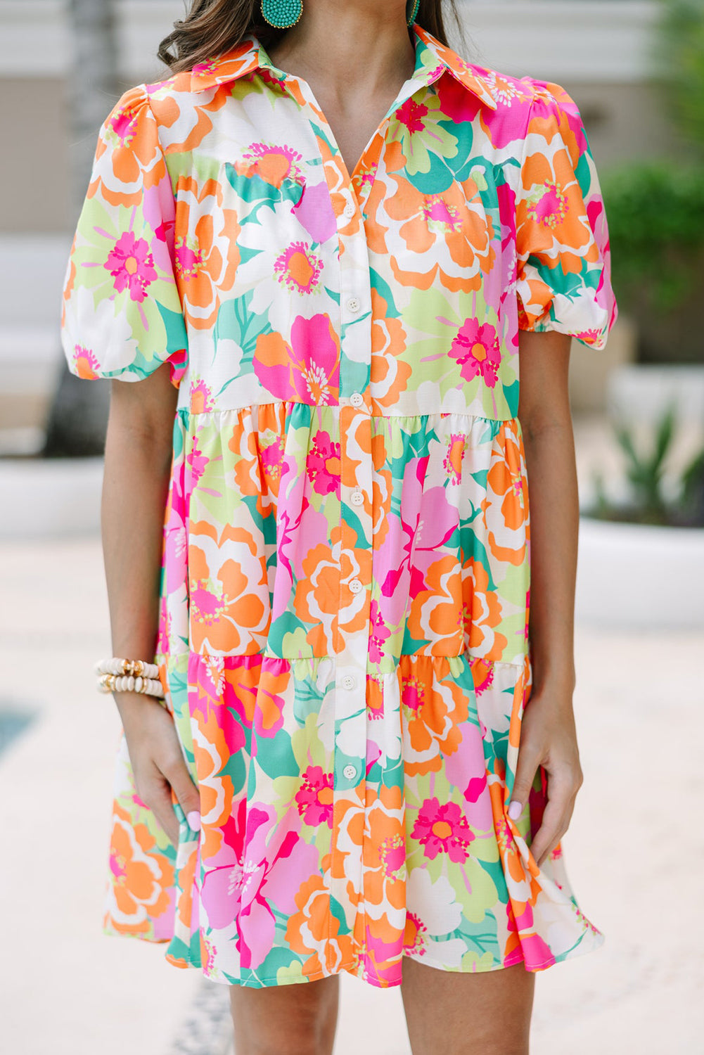Pink Floral Puff Sleeve Collar Buttoned Babydoll Dress Floral Dresses JT's Designer Fashion