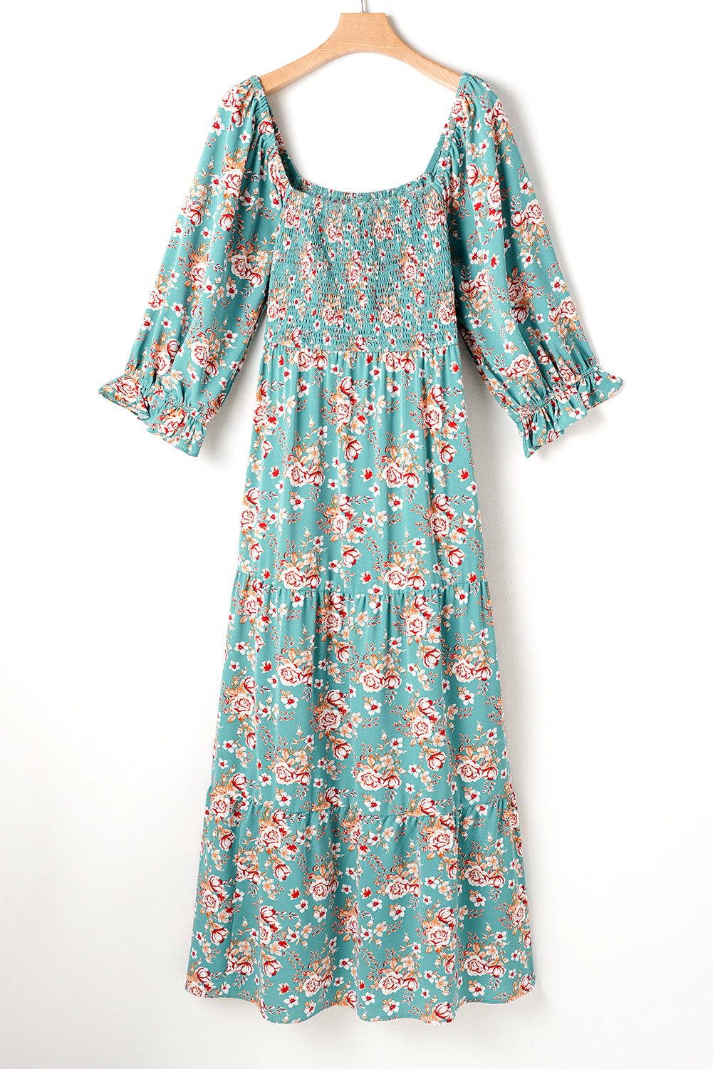 Green Plus Size Floral Print Square Neck Smocked Maxi Dress Plus Size Maxi Dresses JT's Designer Fashion