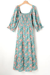 Green Plus Size Floral Print Square Neck Smocked Maxi Dress Plus Size Maxi Dresses JT's Designer Fashion