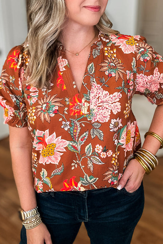 Brown Floral Stitched V Neck Frilled Trim Puff Short Sleeve Blouse Plus Size Blouses & Shirts JT's Designer Fashion