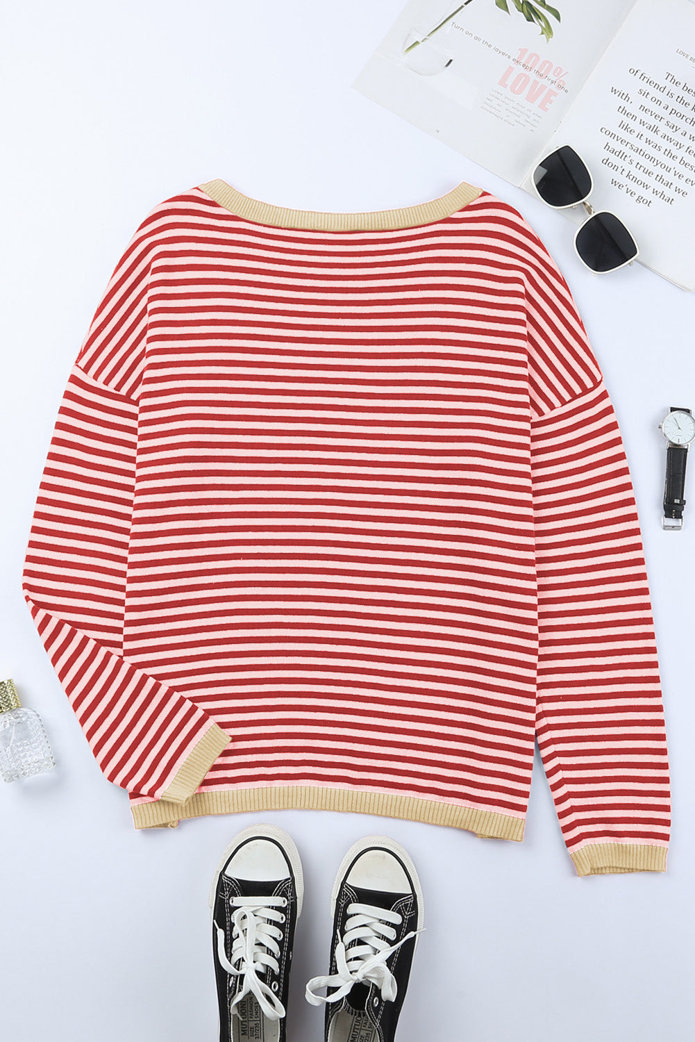 Fiery Red Contrast Trimmed Striped Drop Shoulder Sweater Sweaters JT's Designer Fashion