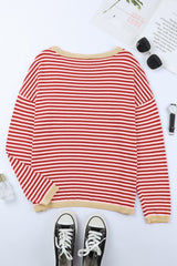 Fiery Red Contrast Trimmed Striped Drop Shoulder Sweater Sweaters JT's Designer Fashion