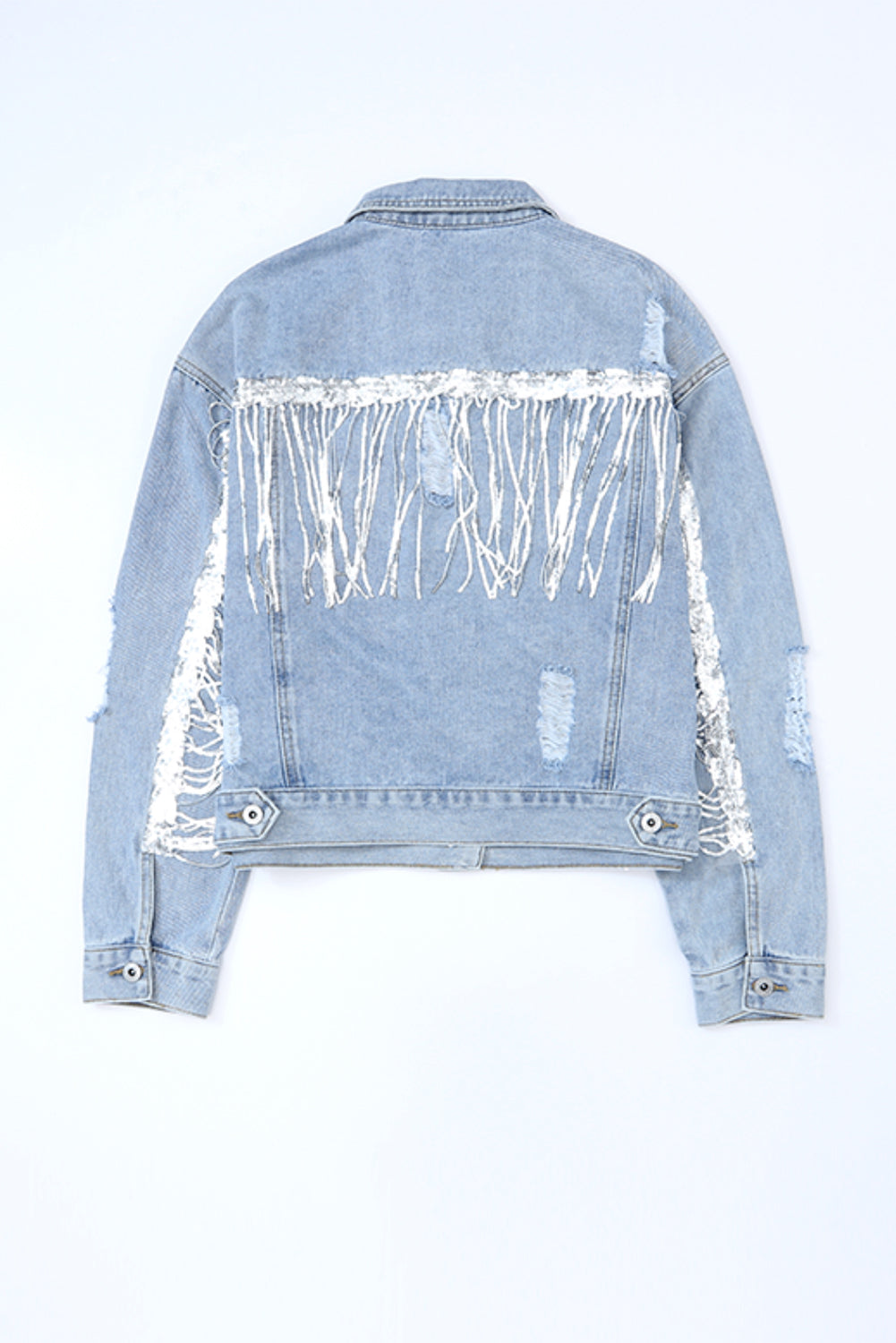 Sky Blue Sequin Embellished Fringe Distressed Denim Jacket Denim Jackets JT's Designer Fashion