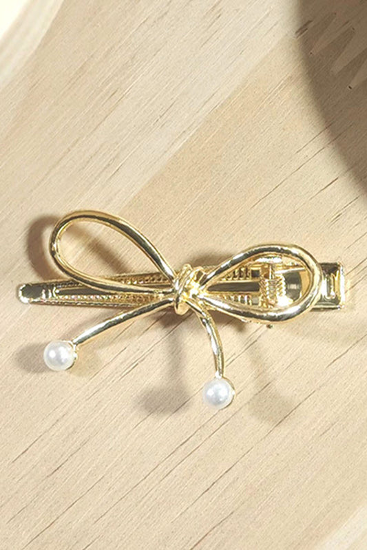 Gold Bow Knot Pearl Decor Plated Alloy Hair Clip Headwear JT's Designer Fashion