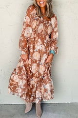 Brown Floral Print Shirred Square Neck High Waist Long Dress Brown 100%Polyester Maxi Dresses JT's Designer Fashion