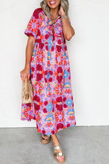 Rose Floral Print Tie High Waist Short Sleeve Loose Long Dress Dresses JT's Designer Fashion