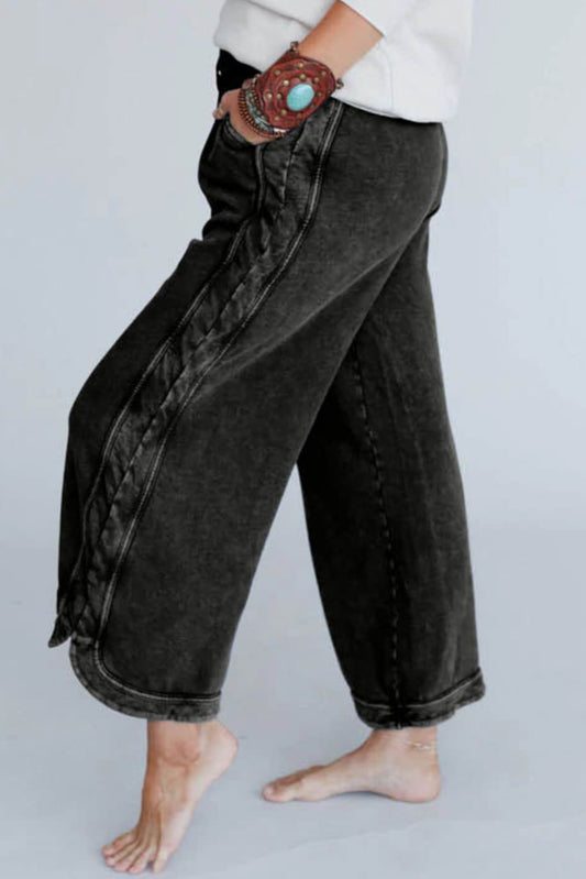 Black Mineral Wash Exposed Seam Wide Leg Pants Bottoms JT's Designer Fashion