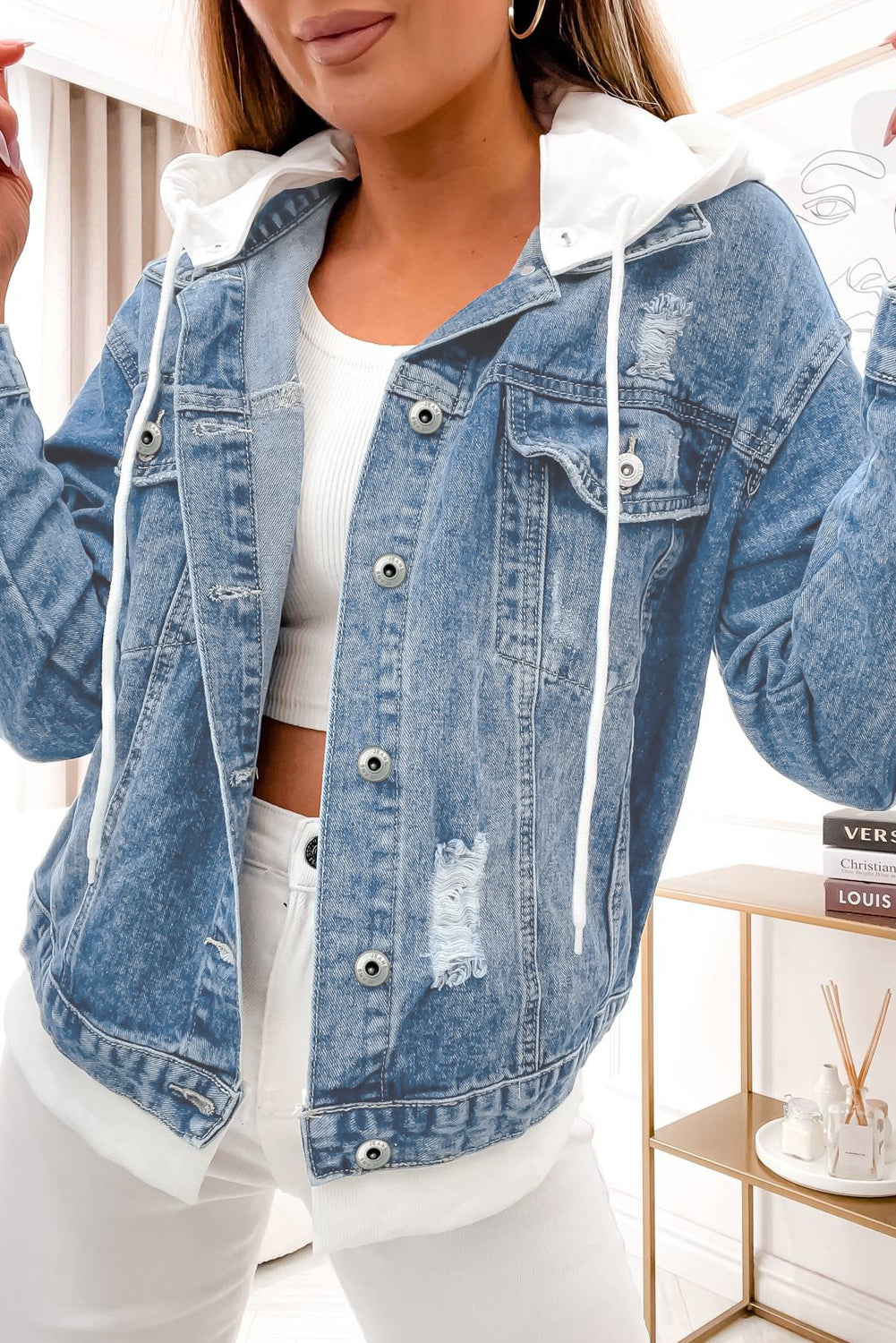 Sky Blue Distressed Contrast Hooded Denim Jacket with Pockets Denim Jackets JT's Designer Fashion