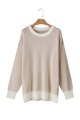 Brown Stripe Plus Size Contrast Trim Crew Neck Rib Knit Drop Shoulder Sweater Plus Size Sweaters & Cardigans JT's Designer Fashion