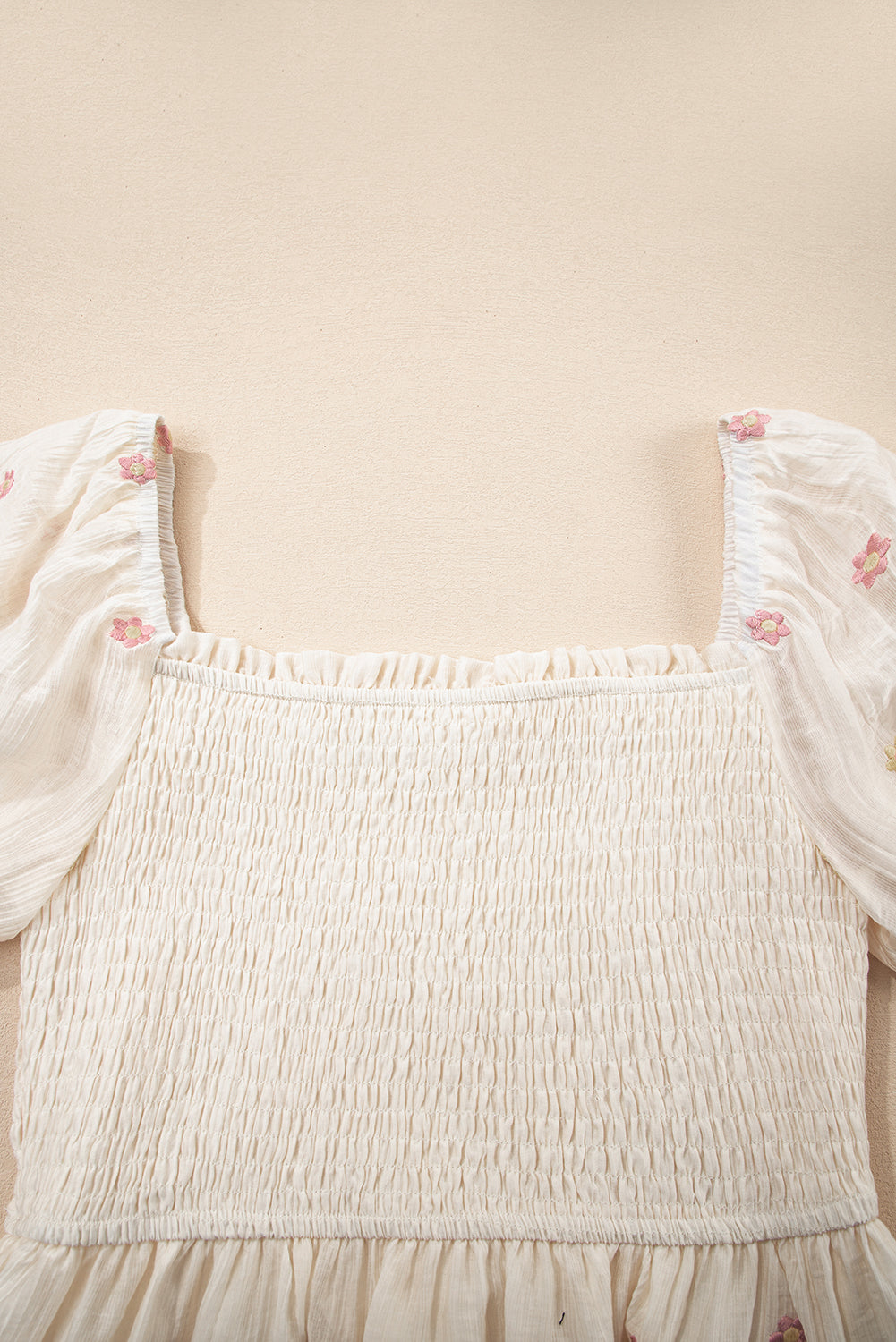 Beige Embroidered Flower Smocked Bust Half Puff Sleeve Empire Waist Textured Flowy Dress Mini Dresses JT's Designer Fashion