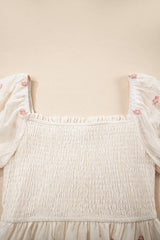 Beige Embroidered Flower Smocked Bust Half Puff Sleeve Empire Waist Textured Flowy Dress Mini Dresses JT's Designer Fashion