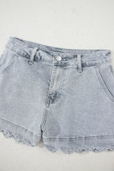 Dusk Blue Scalloped Hemline Acid Wash High Waist Denim Shorts Denim Shorts JT's Designer Fashion