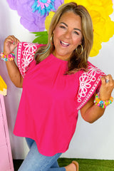 Strawberry Pink Floral Embroidered Flutter Sleeve Pleated O Neck Plus Size Blouse Plus Size Blouses & Shirts JT's Designer Fashion