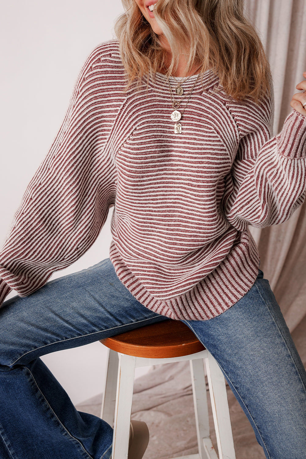 Red Dahlia Striped Print Ribbed Knit Boat Neck Baggy Sweater Sweaters JT's Designer Fashion