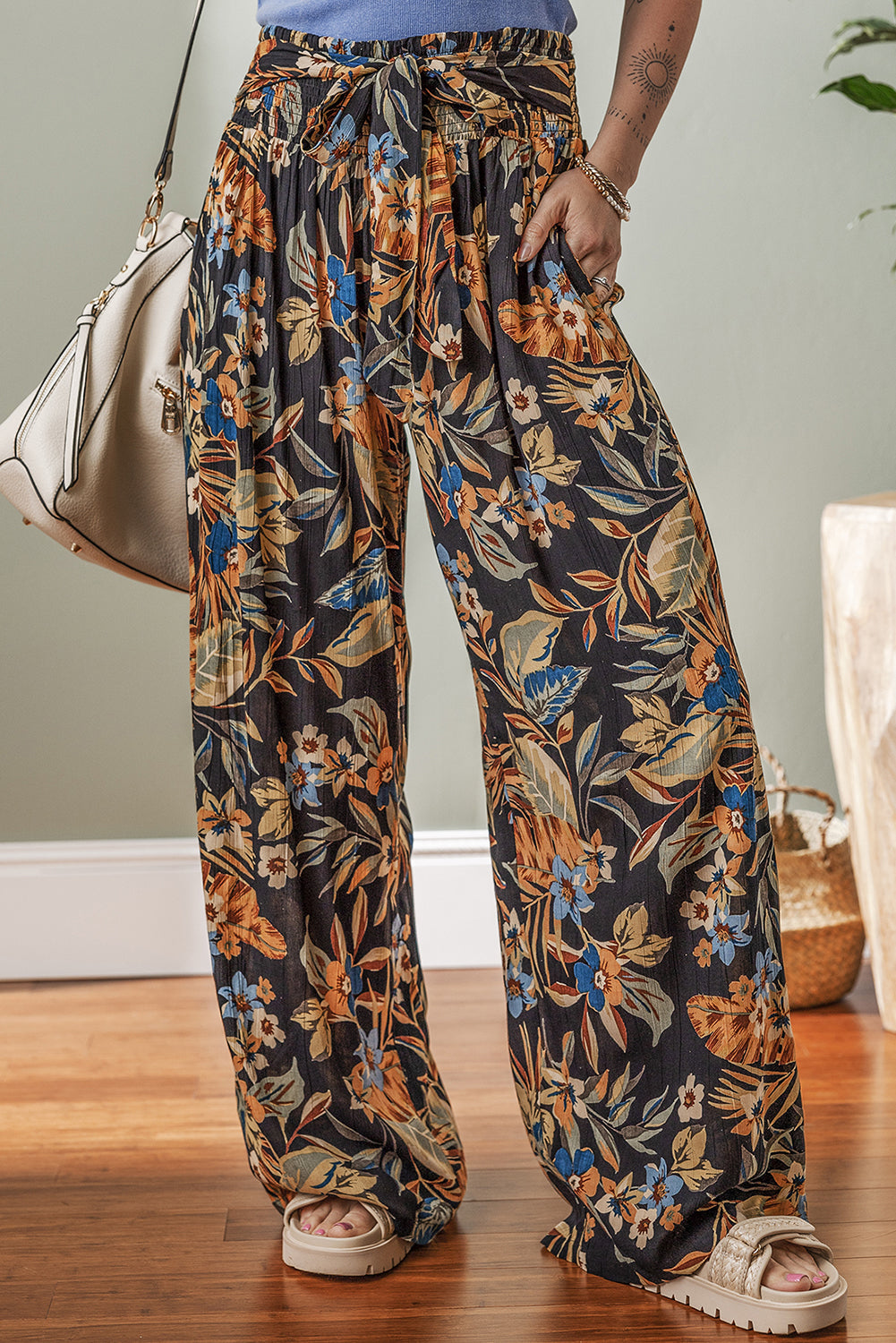 Multicolour Floral Shirred High Waist Wide Leg Pants with Tie Pants & Culotte JT's Designer Fashion