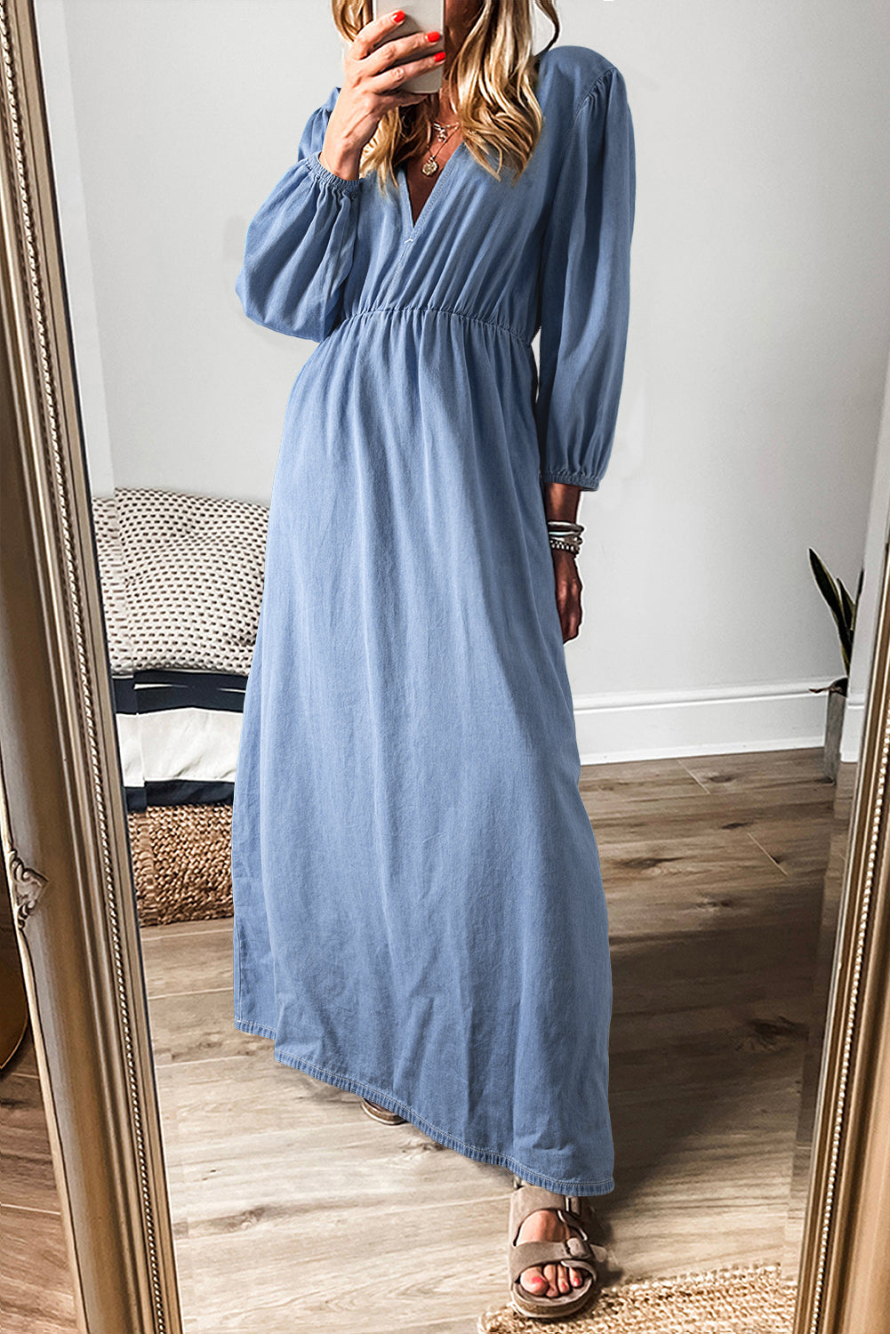 Myosotis Chambray Deep V Neck Bracelet Sleeve Long Dress Myosotis 100%Cotton Maxi Dresses JT's Designer Fashion