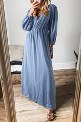 Myosotis Chambray Deep V Neck Bracelet Sleeve Long Dress Myosotis 100%Cotton Maxi Dresses JT's Designer Fashion