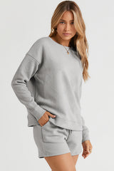 Gray Textured Long Sleeve Top and Drawstring Shorts Set Short Sets JT's Designer Fashion