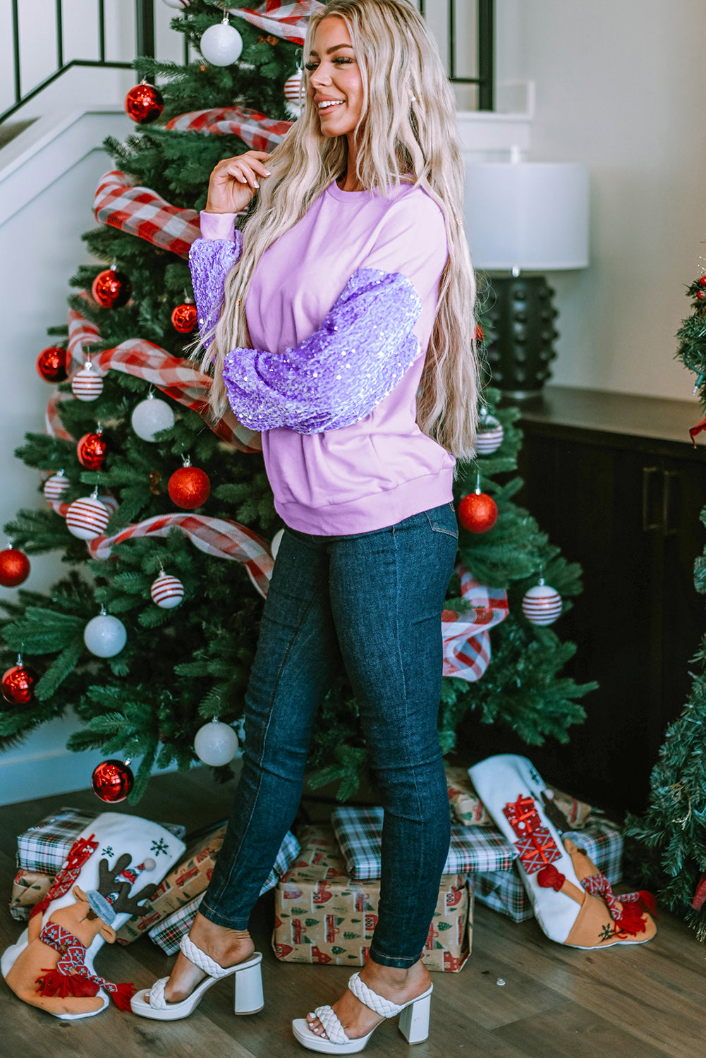 Orchid Petal Sequin Patchwork Long Sleeve Pullover Top Long Sleeve Tops JT's Designer Fashion