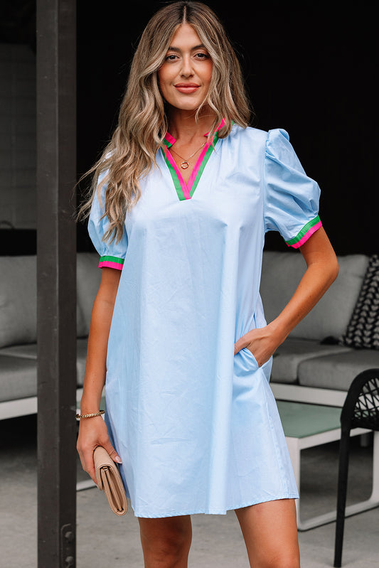 Myosotis Contrast Striped Notched V Neck Puff Sleeve Mini Dress Myosotis 100%Cotton Mini Dresses JT's Designer Fashion