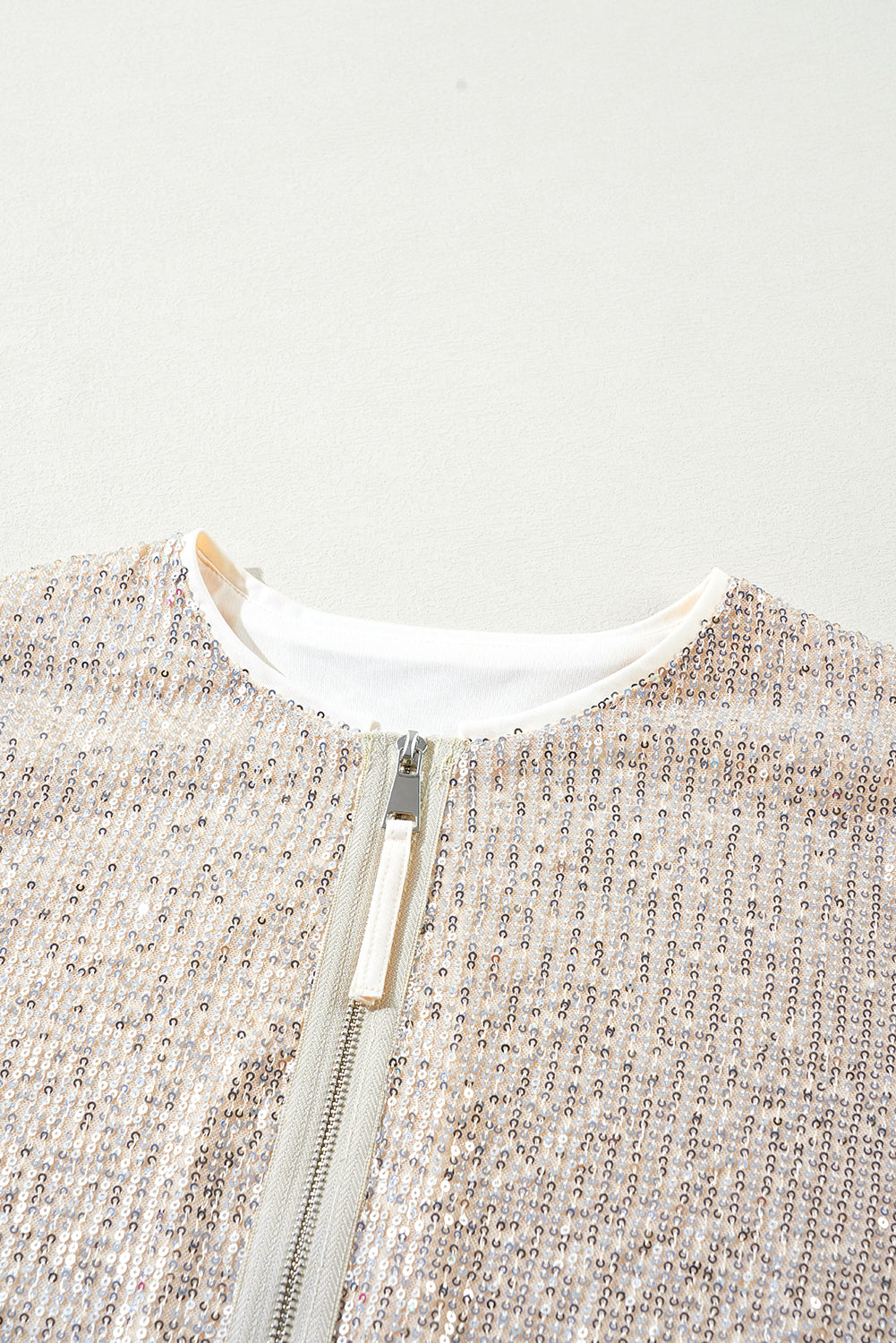 Apricot Sequin Zip up Round Neck Long Sleeve Jacket Jackets JT's Designer Fashion