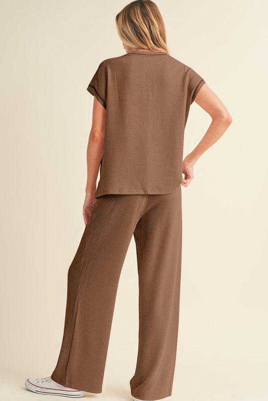 Coffee Solid Color Corded Short Sleeve Top and Casual Pants Set Pant Sets JT's Designer Fashion