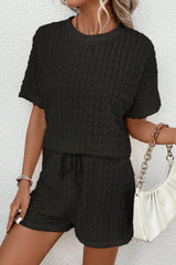 Black Frill Textured Short Sleeve Top and Drawstring Shorts Set Short Sets JT's Designer Fashion