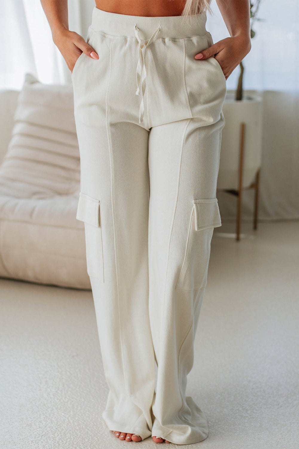 Beige Plain Cargo Pockets High Waist Casual Sweatpants Pants & Culotte JT's Designer Fashion