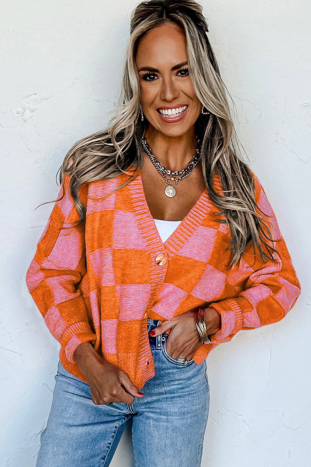 Orange Checkered Drop Shoulder Buttoned V Neck Cardigan Cardigans JT's Designer Fashion