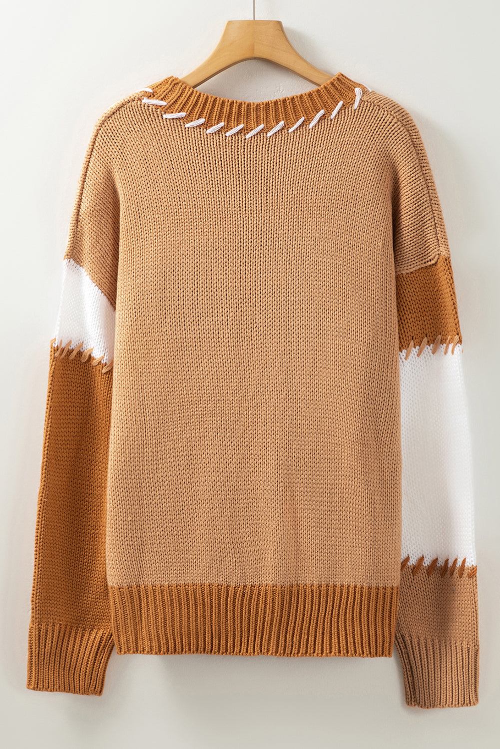 Light French Beige Color Block Contrast Stitch Oversized Sweater Sweaters & Cardigans JT's Designer Fashion