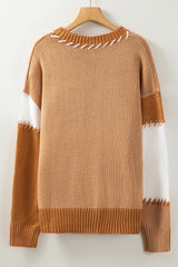 Light French Beige Color Block Contrast Stitch Oversized Sweater Sweaters & Cardigans JT's Designer Fashion