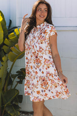 Apricot Floral Geometric Print Ruffled Trim Flutter Sleeve Mini Dress Floral Dresses JT's Designer Fashion