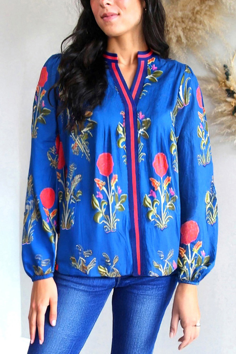 Blue Floral Print Contrast Striped Trim Notched Neck Long Sleeve Blouse Blue 100%Polyester Blouses & Shirts JT's Designer Fashion