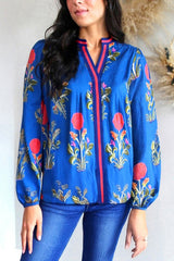 Blue Floral Print Contrast Striped Trim Notched Neck Long Sleeve Blouse Blue 100%Polyester Blouses & Shirts JT's Designer Fashion