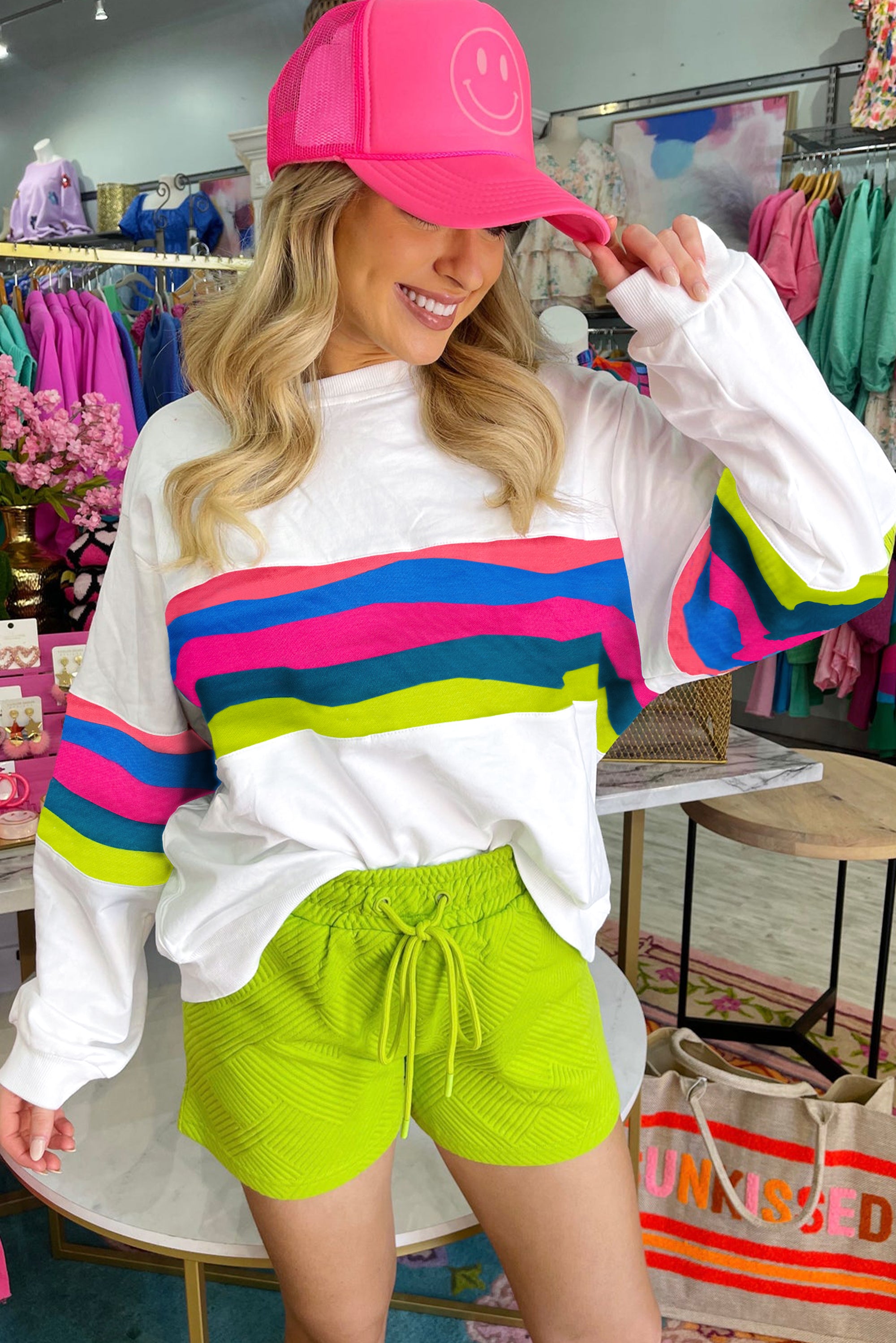 White Colorful Striped Accent Long Sleeve T Shirt Long Sleeve Tops JT's Designer Fashion