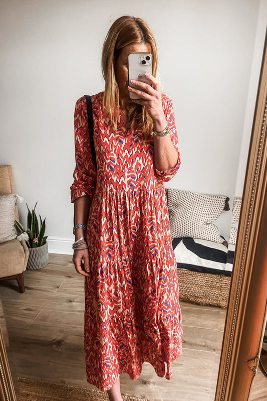 Orange Abstract Print V Neck Pleated High Waist Midi Dress Midi Dresses JT's Designer Fashion