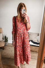 Orange Abstract Print V Neck Pleated High Waist Midi Dress Midi Dresses JT's Designer Fashion