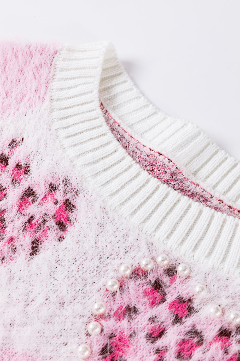 Pink Heart Leopard Print Pearled Ribbed Trim Fuzzy Sweater Sweaters JT's Designer Fashion