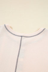 Beige Striped Waffle Patchwork Exposed Seam Raw Edge Casual Knit Top Blouses & Shirts JT's Designer Fashion