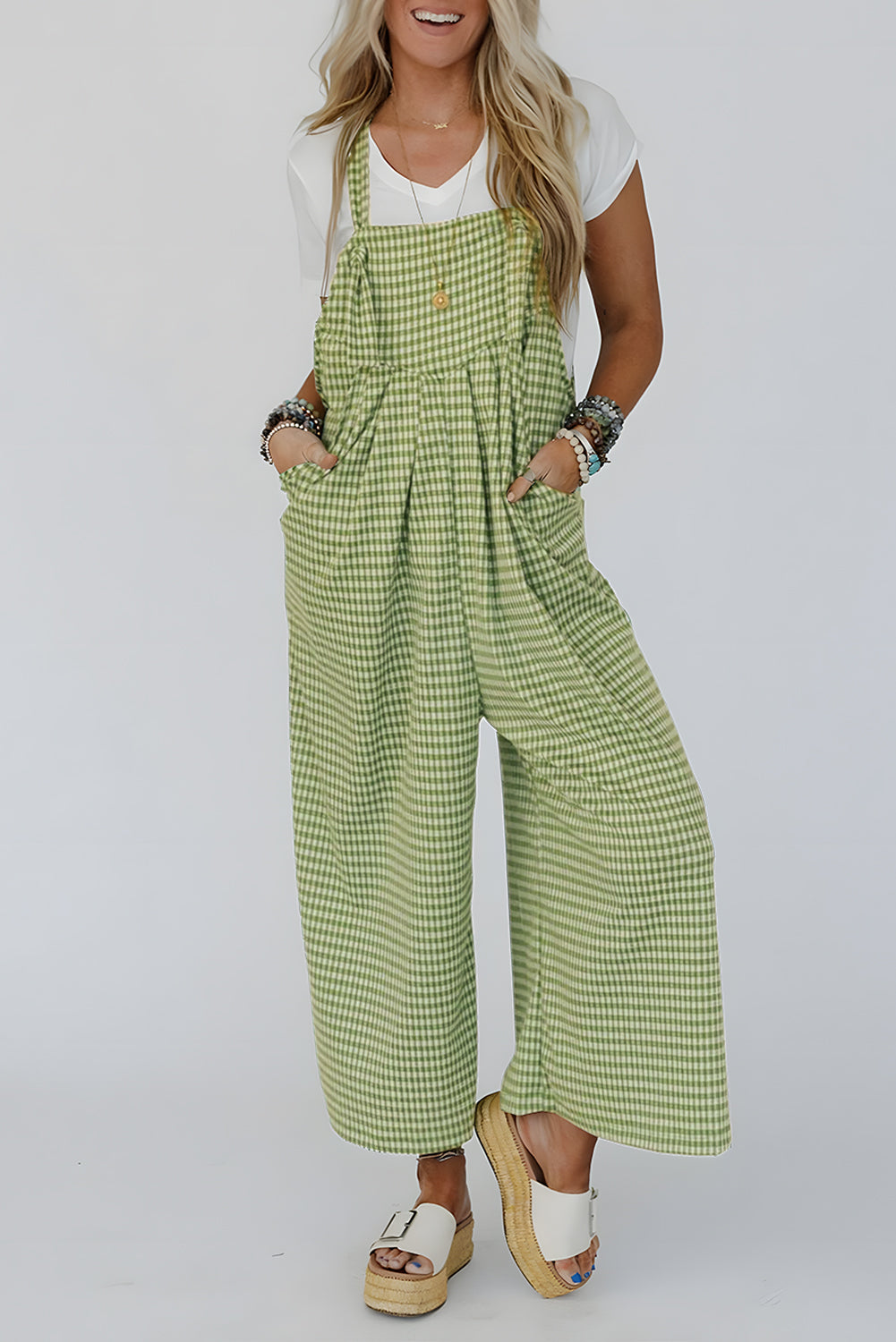 Green Gingham Wide Leg Loose Overall with Pockets Jumpsuits & Rompers JT's Designer Fashion