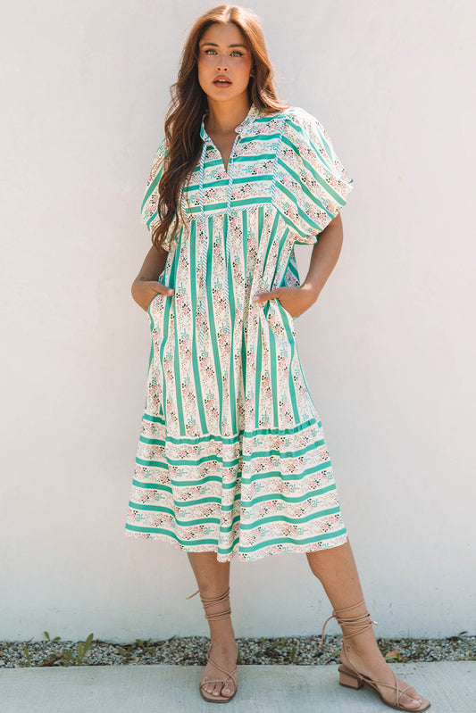 Multicolour Striped Floral Print Tie Split Neck Puff Sleeve Midi Dress Multicolour 100%Polyester Floral Dresses JT's Designer Fashion