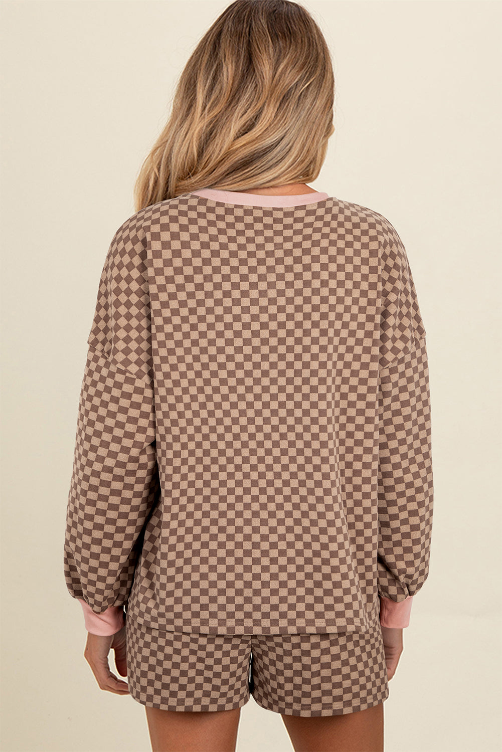 Brown Checkerboard Long Sleeve Pullover and Shorts Set Short Sets JT's Designer Fashion