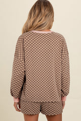 Brown Checkerboard Long Sleeve Pullover and Shorts Set Short Sets JT's Designer Fashion