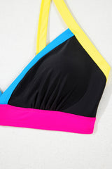 Black Color Block Drawstring Side V Neck High Waist Bikini Set Bikinis JT's Designer Fashion