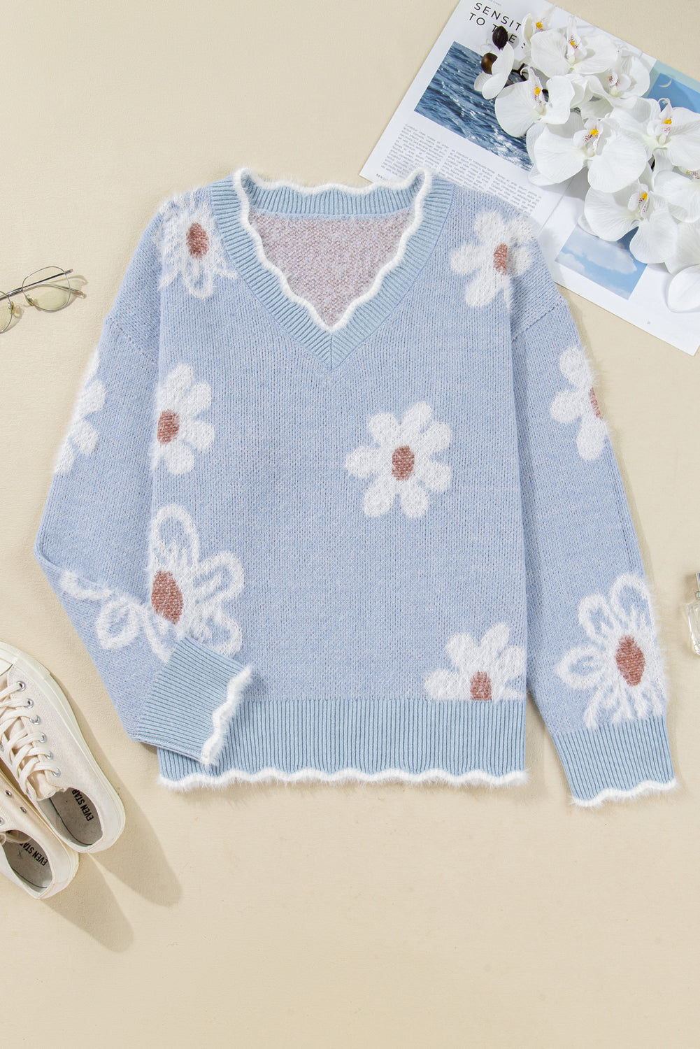 Gray Fuzzy Flower Scalloped V Neck Plus Sweater Plus Size Sweaters & Cardigans JT's Designer Fashion