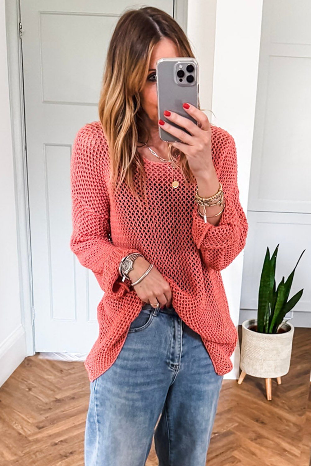 Coral Crochet Hollow-out Jumper Top Sweater Sweaters JT's Designer Fashion