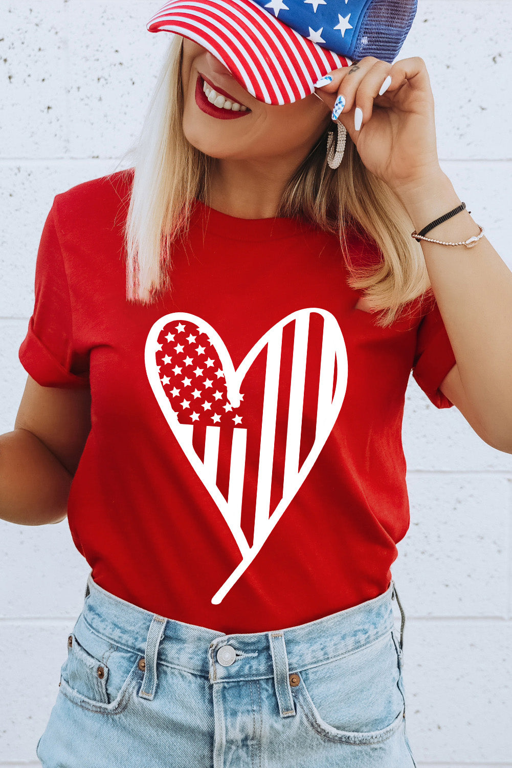 Red USA Flag Heart Shape Crew Neck Graphic T Shirt Graphic Tees JT's Designer Fashion