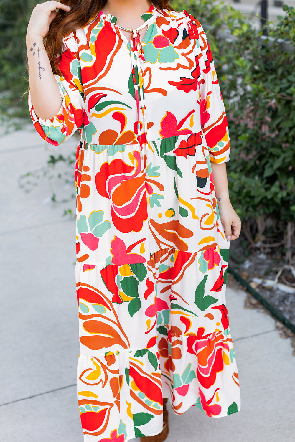 Orange Floral Print Drawstring V Neck Tiered Plus Size Dress Plus Size Maxi Dresses JT's Designer Fashion