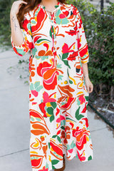 Orange Floral Print Drawstring V Neck Tiered Plus Size Dress Plus Size Maxi Dresses JT's Designer Fashion